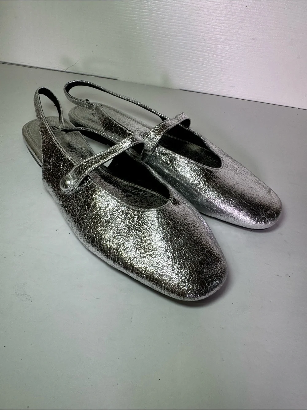 ZARA Silver Metallic Cracked Slingback Mary Jane Flats Size 10 US